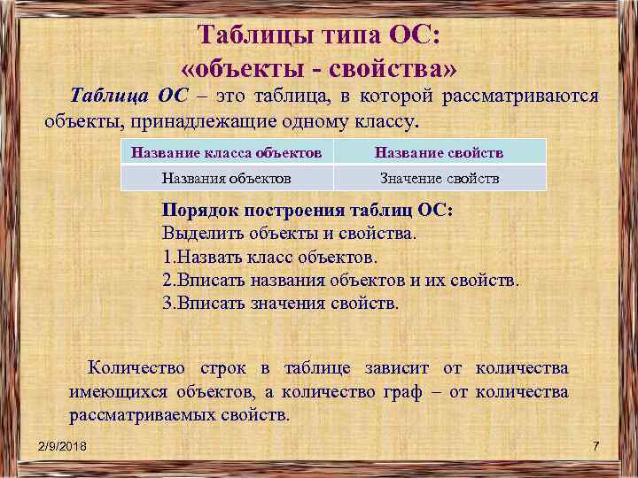 Таблицы типа ОС: «объекты - свойства» Таблица ОС – это таблица, в которой рассматриваются