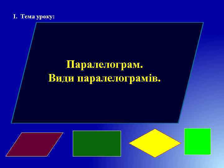 І. Тема уроку: Паралелограм. Види паралелограмів. 