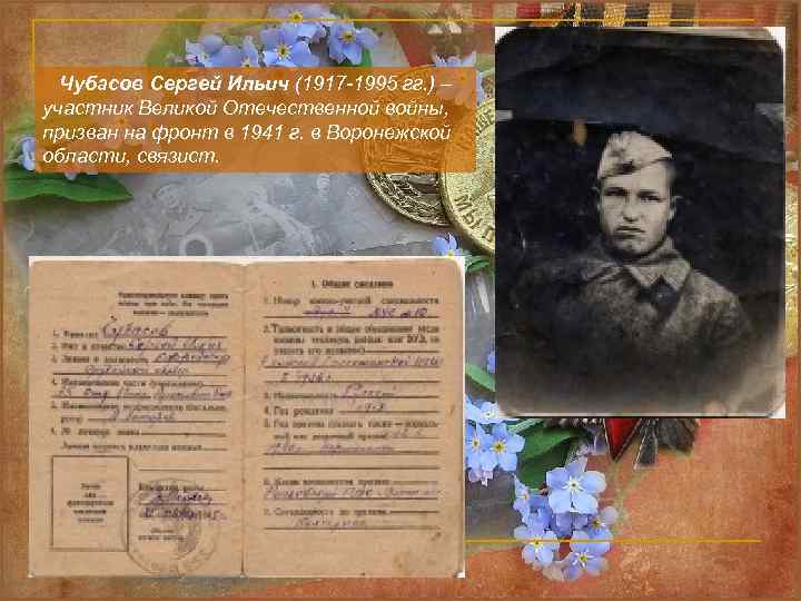  Чубасов Сергей Ильич (1917 -1995 гг. ) – участник Великой Отечественной войны, призван