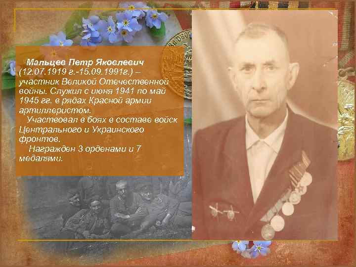 Мальцев Петр Яковлевич (12. 07. 1919 г. -15. 09. 1991 г. ) – участник