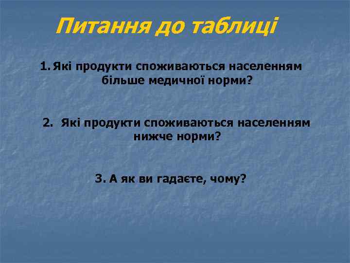 Питання до таблиці 1. Які продукти споживаються населенням більше медичної норми? 2. Які продукти