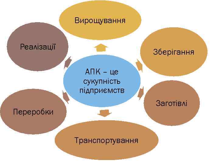 Вирощування Реалізації Зберігання АПК – це сукупність підприємств Заготівлі Переробки Транспортування 