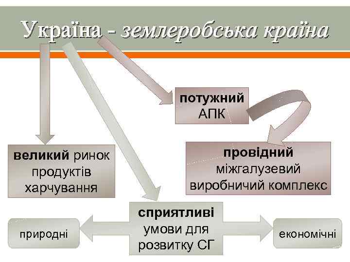 Україна - землеробська країна потужний АПК великий ринок продуктів харчування природні провідний міжгалузевий виробничий