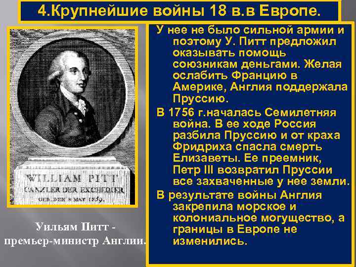 4. Крупнейшие войны 18 в. в Европе. У нее не было сильной армии и