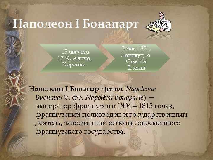 Наполеон I Бонапарт 15 августа 1769, Аяччо, Корсика 5 мая 1821, Лонгвуд, о. Святой