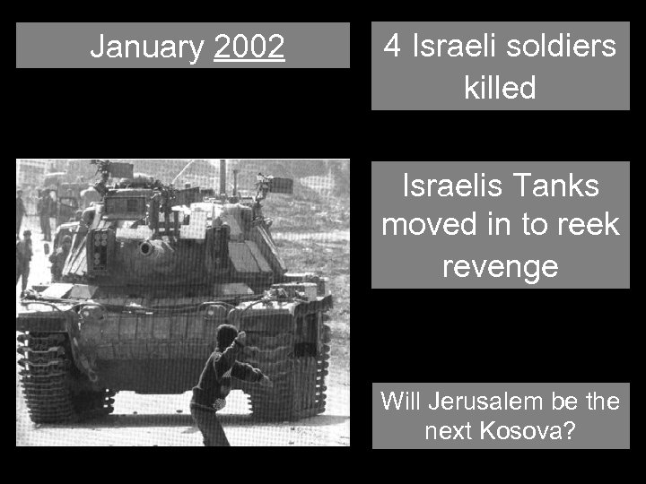 January 2002 4 Israeli soldiers killed Israelis Tanks moved in to reek revenge Will