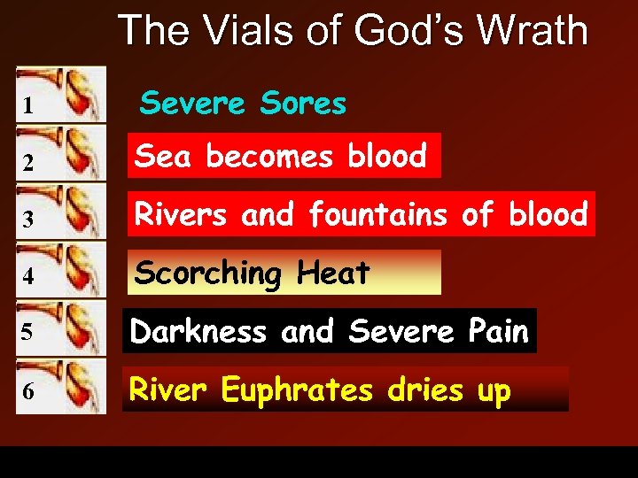 The Vials of God’s Wrath 1 Severe Sores 2 Sea becomes blood 3 Rivers