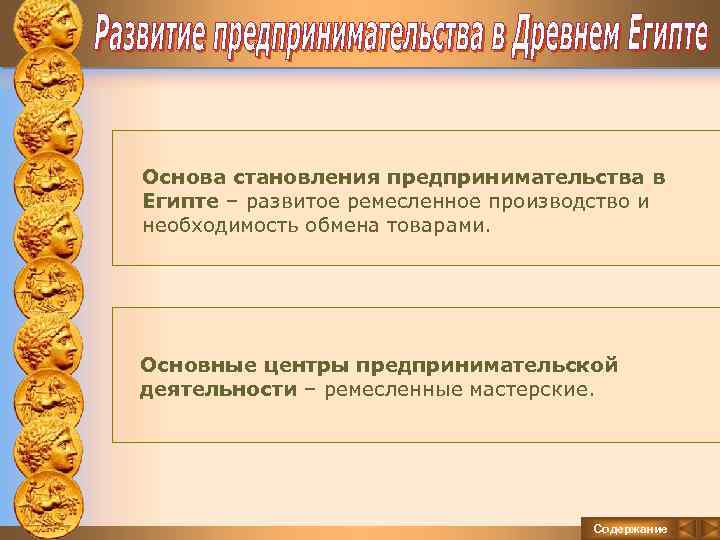Основа становления предпринимательства в Египте – развитое ремесленное производство и необходимость обмена товарами. Основные