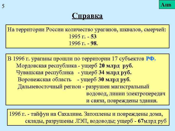 Анв 5 Справка На территории России количество ураганов, шквалов, смерчей: 1995 г. - 53