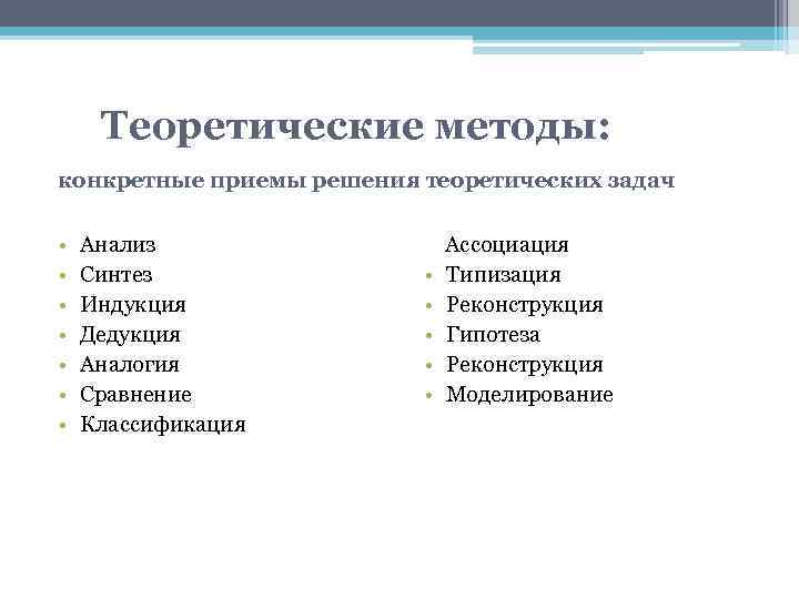 Теоретические методы: конкретные приемы решения теоретических задач • • Анализ Синтез Индукция Дедукция Аналогия