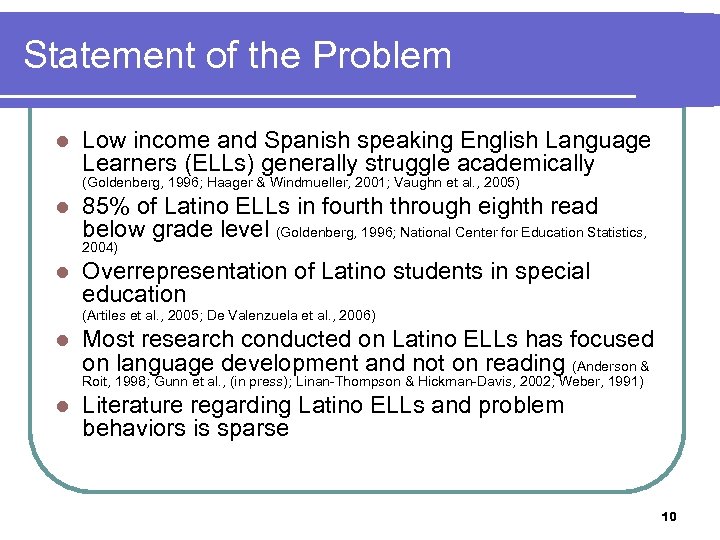 Statement of the Problem l Low income and Spanish speaking English Language Learners (ELLs)