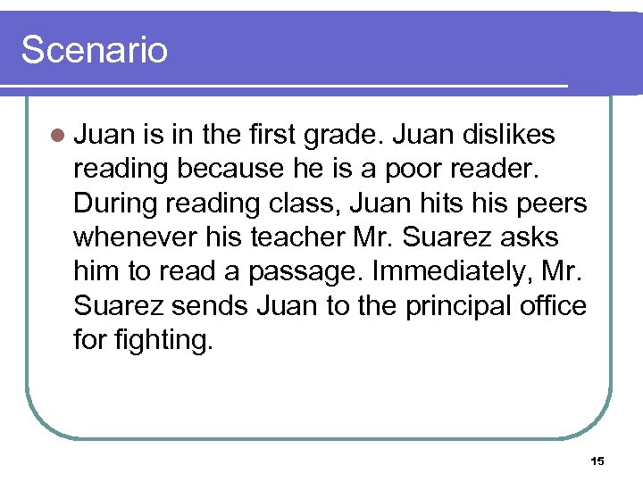Scenario l Juan is in the first grade. Juan dislikes reading because he is