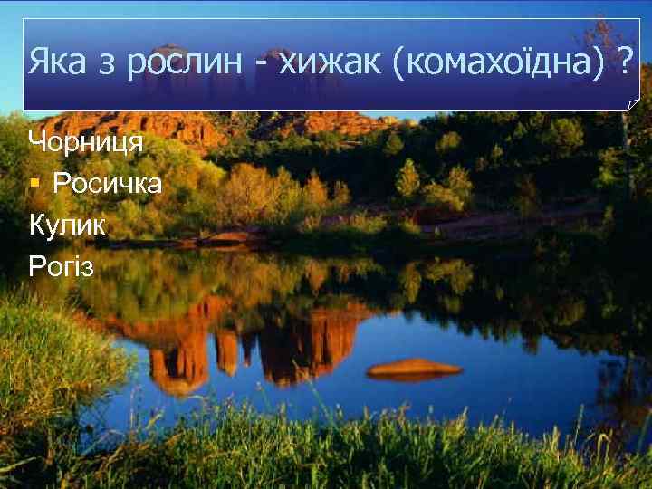 Яка з рослин - хижак (комахоїдна) ? Чорниця § Росичка Кулик Рогіз 