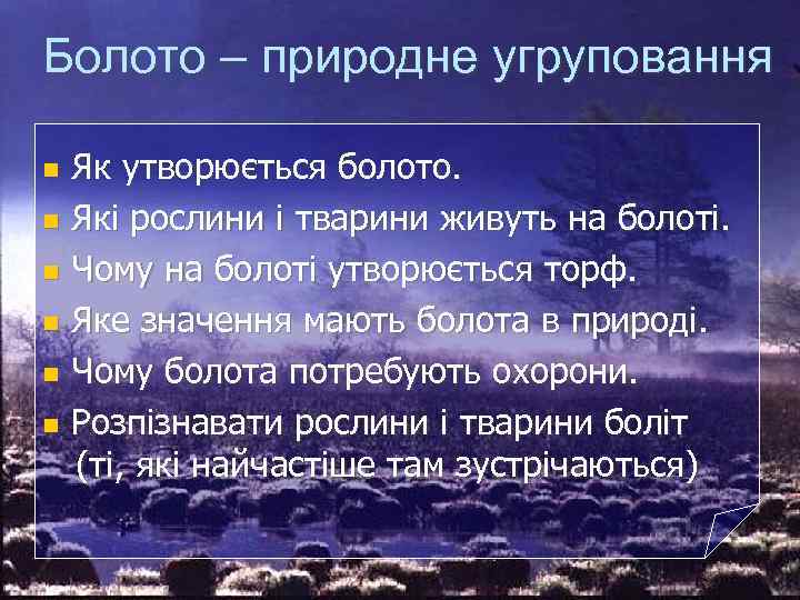 Болото – природне угруповання Як утворюється болото. n Які рослини і тварини живуть на