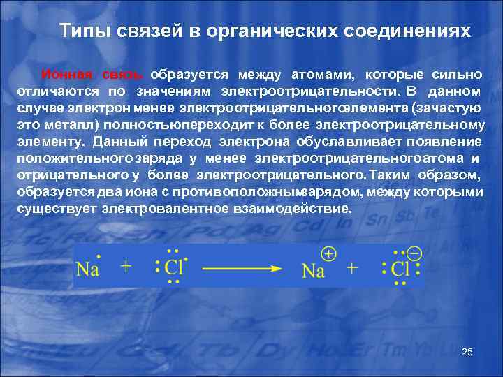 Типы связей в органических соединениях Ионная связь образуется между атомами, которые сильно отличаются по