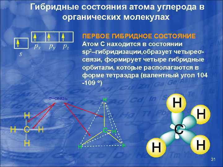 Гибридные состояния атома углерода в органических молекулах ПЕРВОЕ ГИБРИДНОЕ СОСТОЯНИЕ Атом С находится в