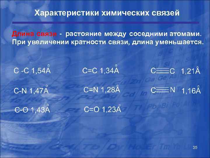 Характеристики химических связей Длина связи - растояние между соседними атомами. При увеличении кратности связи,