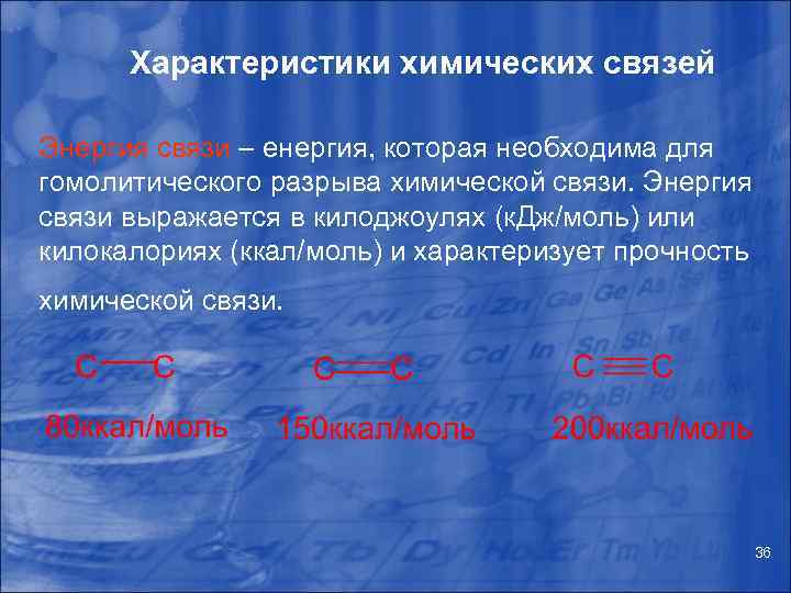 Характеристики химических связей Энергия связи – енергия, которая необходима для гомолитического разрыва химической связи.