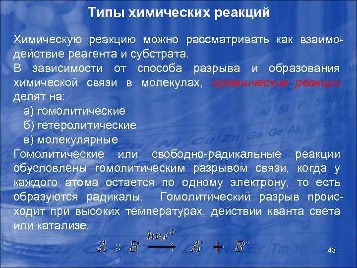 Типы химических реакций Химическую реакцию можно рассматривать как взаимодействие реагента и субстрата. В зависимости