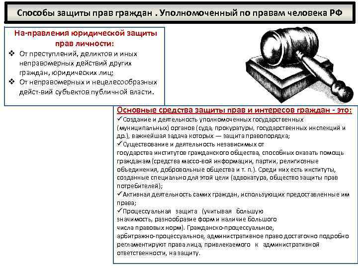 Способы защиты прав граждан. Уполномоченный по правам человека РФ На правления юридической защиты прав