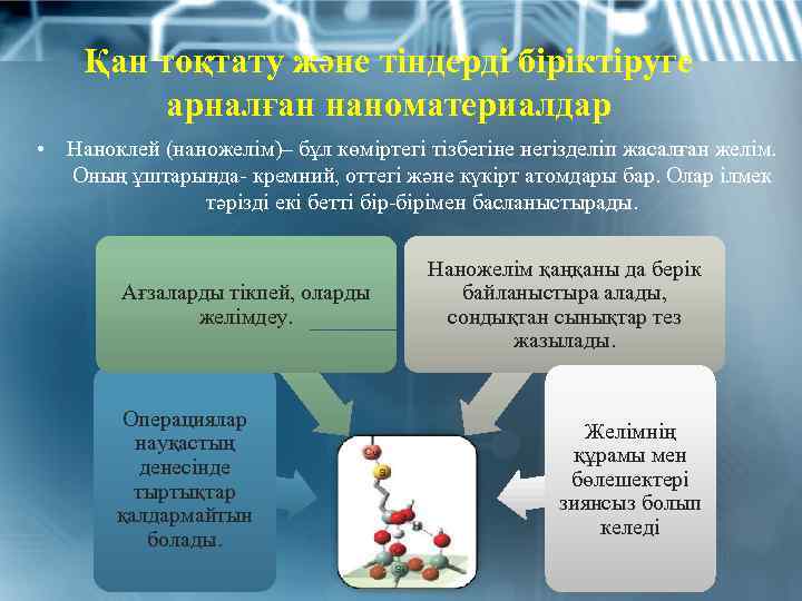 Қан тоқтату және тіндерді біріктіруге арналған наноматериалдар • Наноклей (наножелім)– бұл көміртегі тізбегіне негізделіп