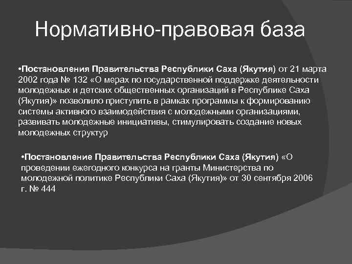 Нормативно-правовая база • Постановления Правительства Республики Саха (Якутия) от 21 марта 2002 года №