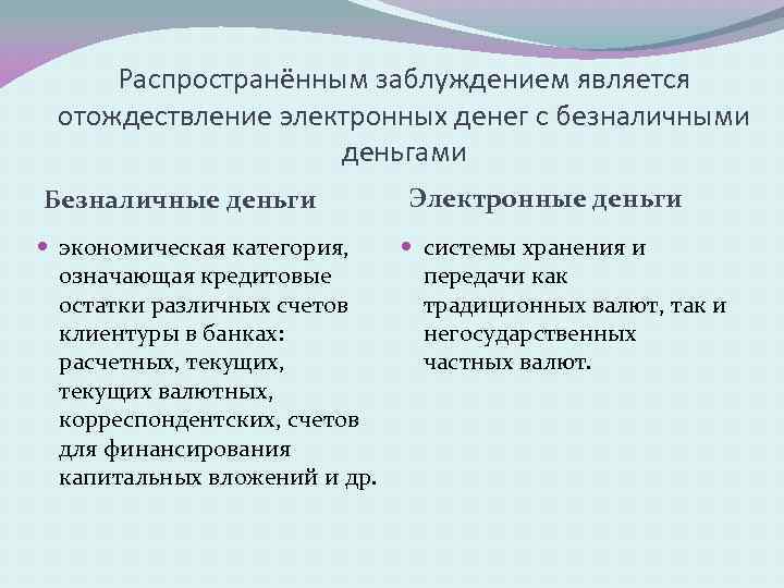 Распространённым заблуждением является отождествление электронных денег с безналичными деньгами Безналичные деньги Электронные деньги экономическая