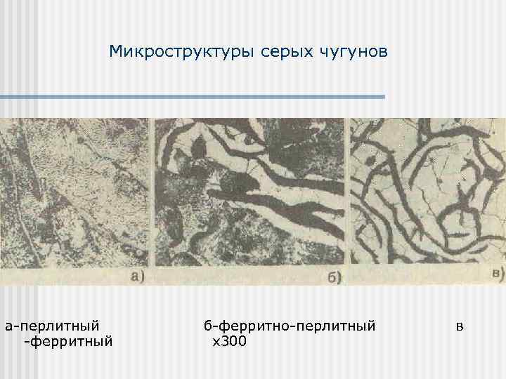 Микроструктуры серых чугунов а-перлитный -ферритный б-ферритно-перлитный х300 в 