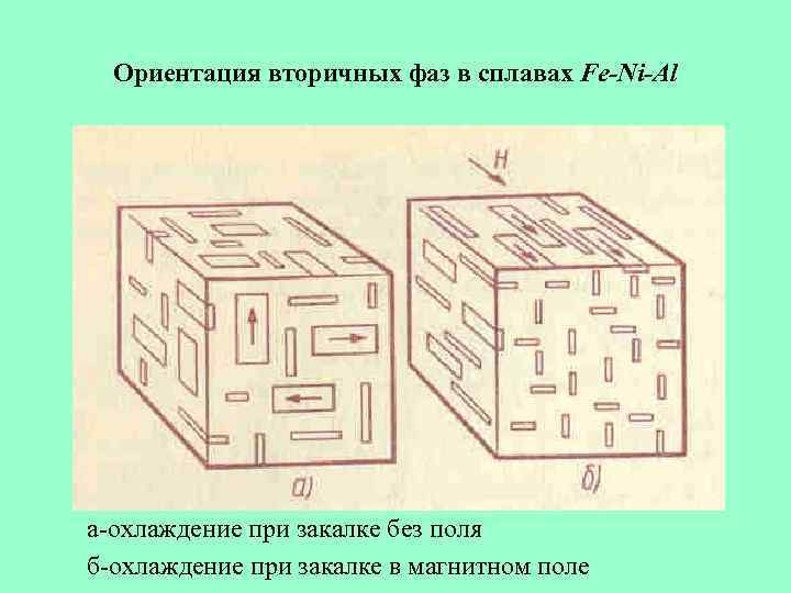 Ориентация вторичных фаз в сплавах Fe-Ni-Al а-охлаждение при закалке без поля б-охлаждение при закалке