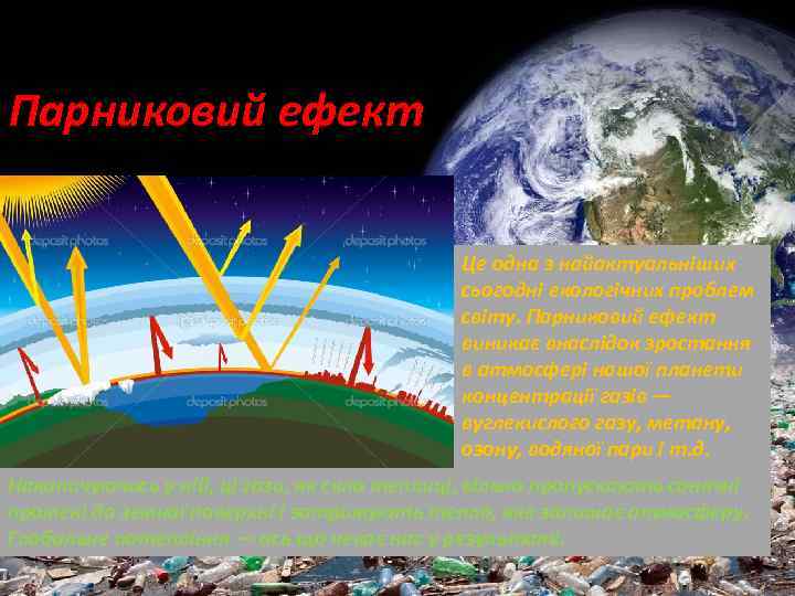 Парниковий ефект Це одна з найактуальніших сьогодні екологічних проблем світу. Парниковий ефект виникає внаслідок