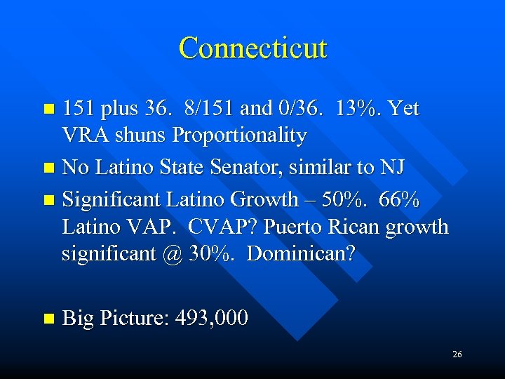 Connecticut 151 plus 36. 8/151 and 0/36. 13%. Yet VRA shuns Proportionality n No