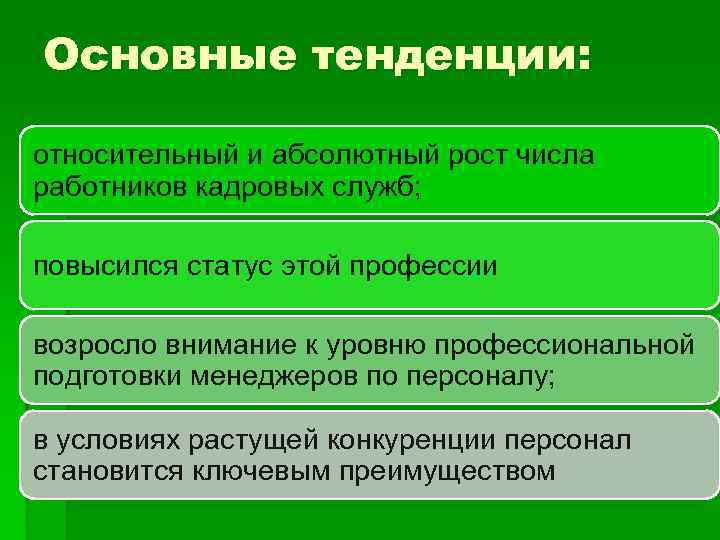 Основные тенденции: относительный и абсолютный рост числа работников кадровых служб; повысился статус этой профессии