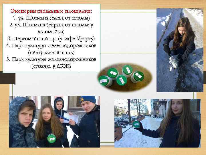 Экспериментальные площадки: 1. ул. Шотмана (слева от школы) 2. ул. Шотмана (справа от школы;