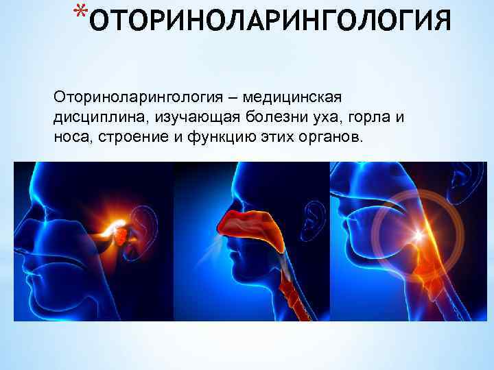 *ОТОРИНОЛАРИНГОЛОГИЯ Оториноларингология – медицинская дисциплина, изучающая болезни уха, горла и носа, строение и функцию