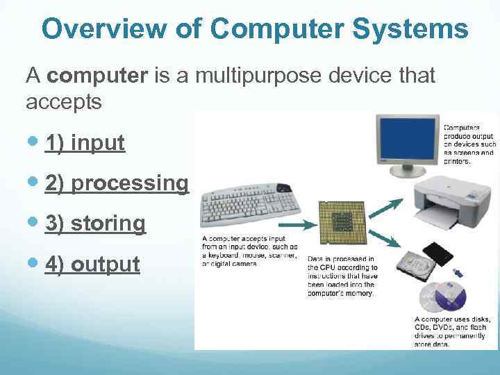 Overview of Computer Systems A computer is a multipurpose device that accepts 1) input