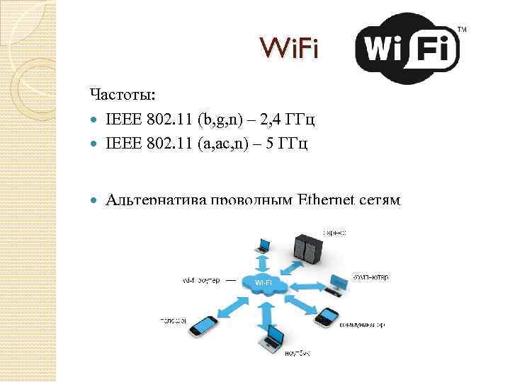 Wi. Fi Частоты: IEEE 802. 11 (b, g, n) – 2, 4 ГГц IEEE