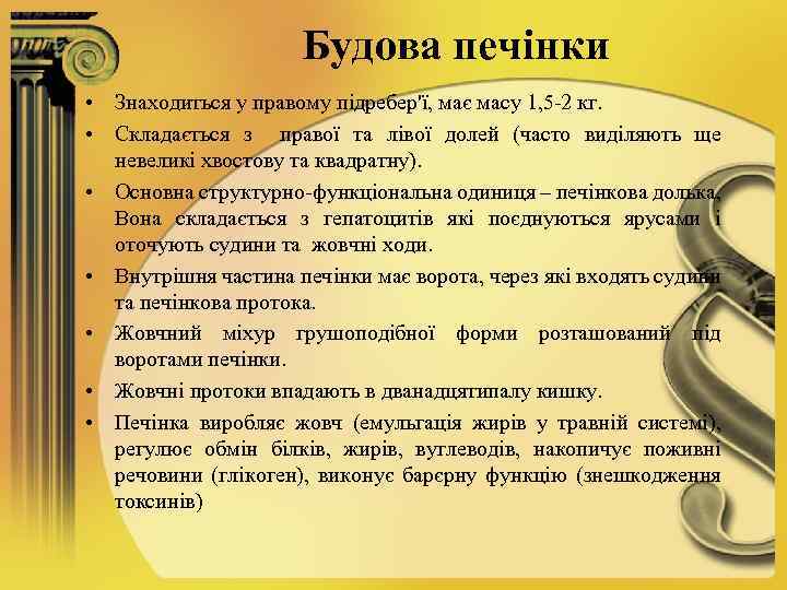 Будова печінки • Знаходиться у правому підребер'ї, має масу 1, 5 -2 кг. •