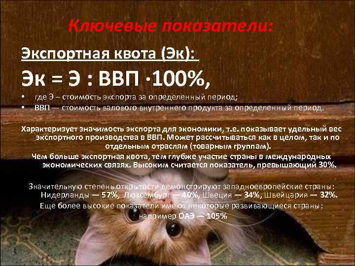 Ключевые показатели: Экспортная квота (Эк): Эк = Э : ВВП · 100%, • •