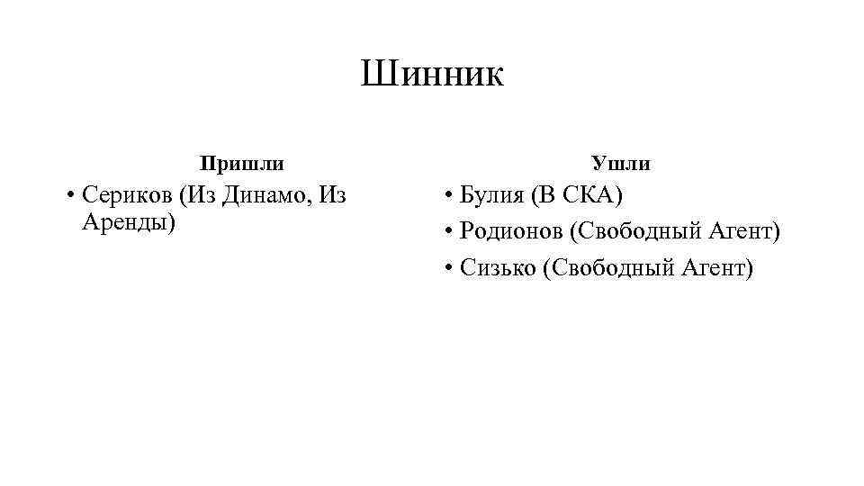 Шинник Пришли • Сериков (Из Динамо, Из Аренды) Ушли • Булия (В СКА) •