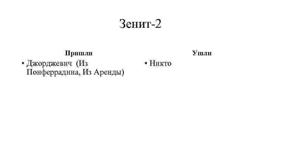 Зенит-2 Пришли • Джорджевич (Из Понферрадина, Из Аренды) Ушли • Никто 