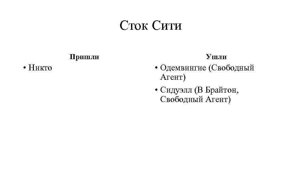 Сток Сити Пришли • Никто Ушли • Одемвингие (Свободный Агент) • Сидуэлл (В Брайтон,