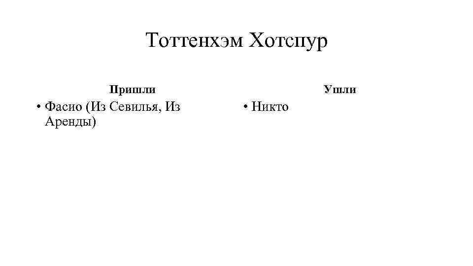 Тоттенхэм Хотспур Пришли • Фасио (Из Севилья, Из Аренды) Ушли • Никто 