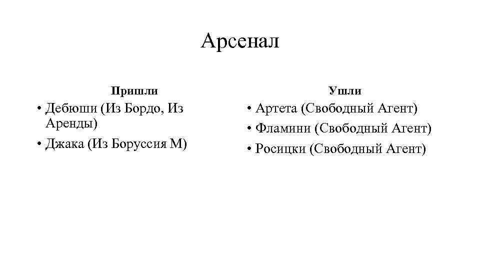 Арсенал Пришли • Дебюши (Из Бордо, Из Аренды) • Джака (Из Боруссия М) Ушли