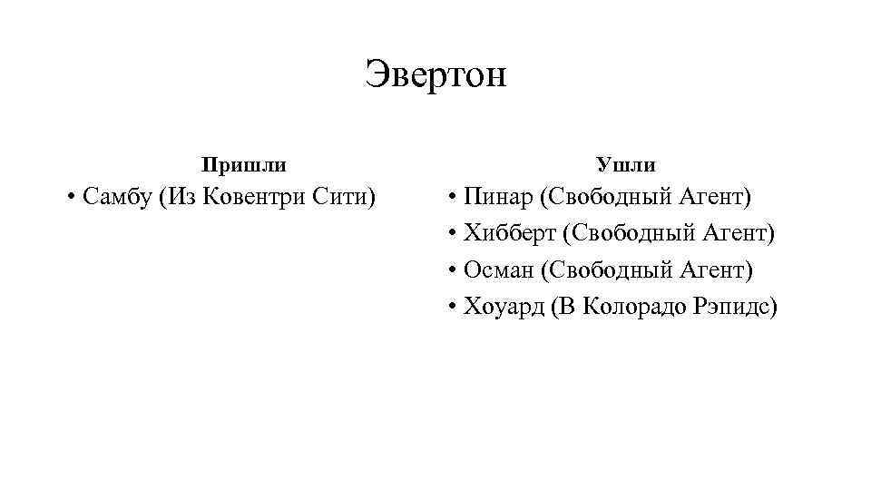 Эвертон Пришли • Самбу (Из Ковентри Сити) Ушли • Пинар (Свободный Агент) • Хибберт