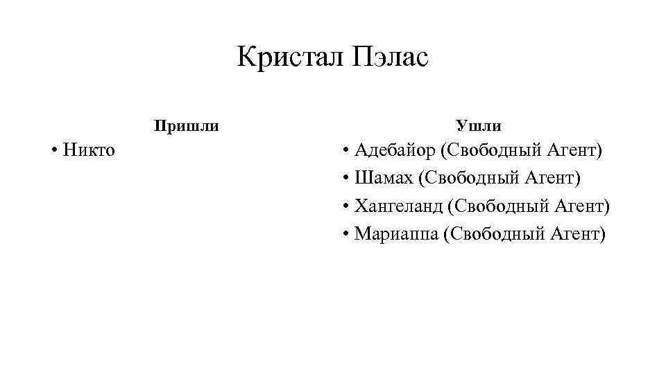 Кристал Пэлас Пришли • Никто Ушли • Адебайор (Свободный Агент) • Шамах (Свободный Агент)