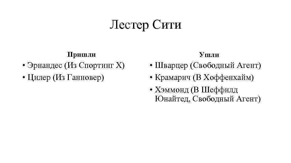 Лестер Сити Пришли • Эрнандес (Из Спортинг Х) • Цилер (Из Ганновер) Ушли •