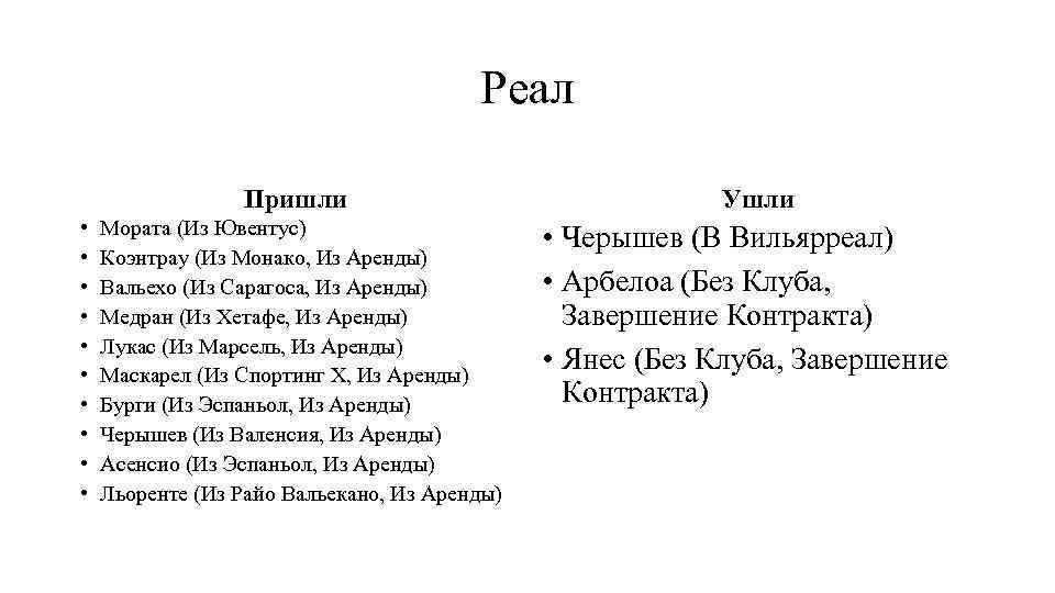 Реал Пришли • • • Мората (Из Ювентус) Коэнтрау (Из Монако, Из Аренды) Вальехо