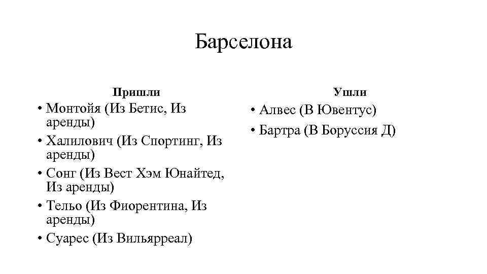 Барселона Пришли • Монтойя (Из Бетис, Из аренды) • Халилович (Из Спортинг, Из аренды)