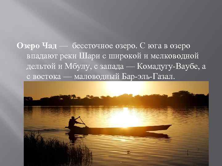 Озеро Чад — бессточное озеро. С юга в озеро впадают реки Шари с широкой