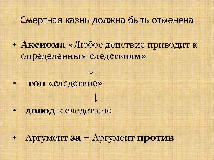 Смертная казнь должна быть отменена • Аксиома «Любое действие приводит к определенным следствиям» ↓